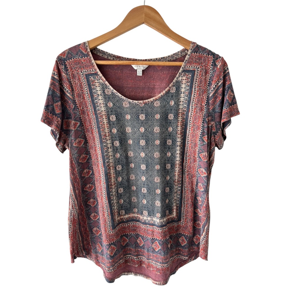 Lucky Brand XL Red Blue Boho Geometric Cotton Linen Blend Scoop Neck Casual Top